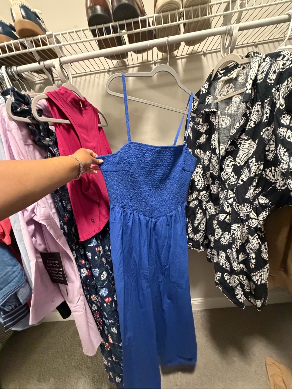 Blue Smocked Bodice Spaghetti Strap Dress